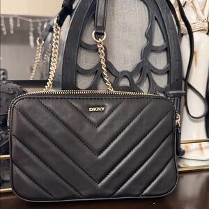 DKNY Black quilted triple entry Crossbody Bag with card wallet